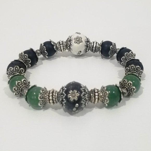 Feel Good™ - 8” Elastic Essential Oil Bracelet - Green Jade-Lava Rock-Matte Onyx - Picture 7 of 8